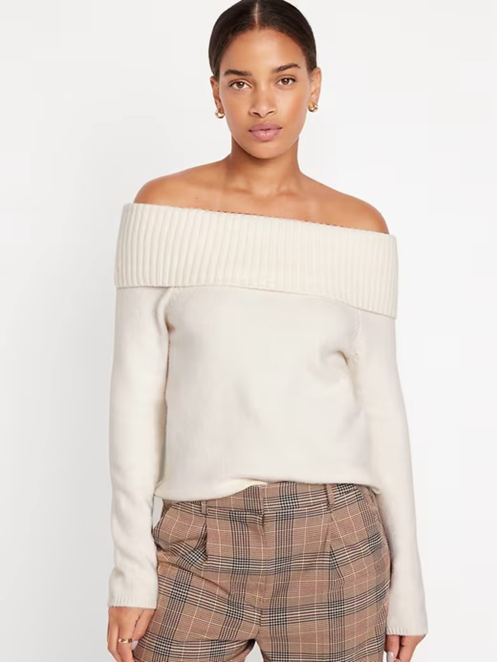 Old Navy SoSoft Off-the-Shoulder Cream Foldover Ribbed Neck Sweater